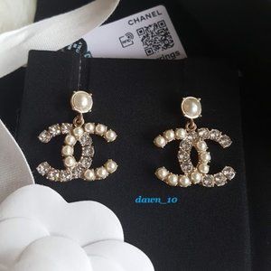 Chanel Pearl & Crystal CC Dangle Earrings, Gold